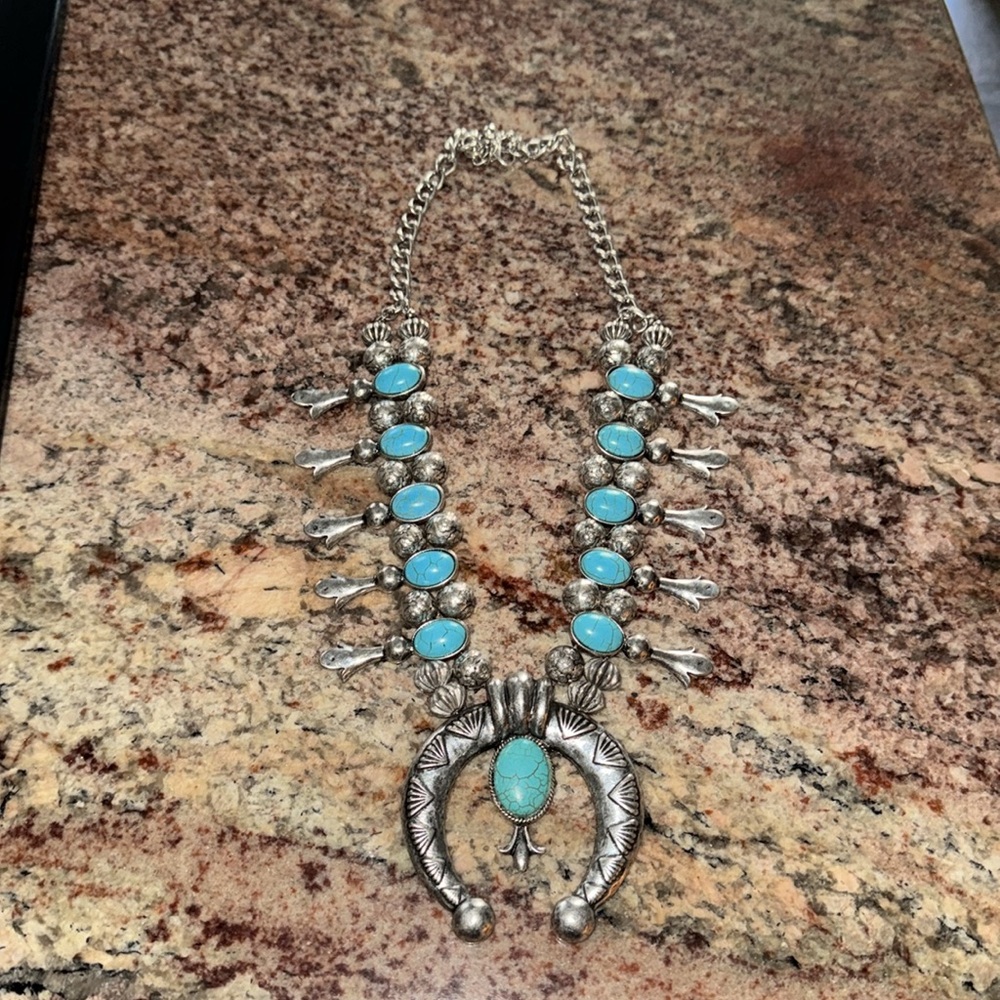 Turquoise & Silver Squash Blossom Necklace - Picture 5 of 13